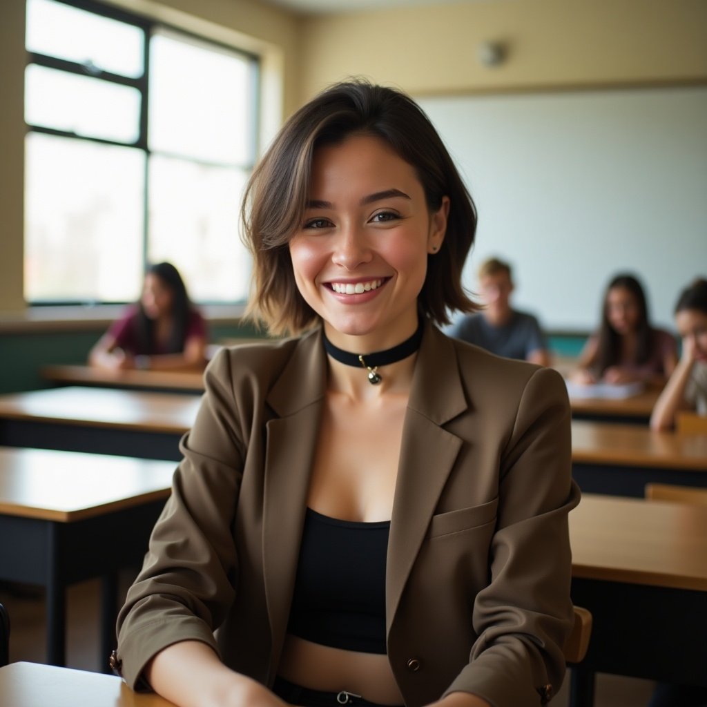 Young woman sits in a classroom wearing a stylish outfit. She has short hair and is confident. The classroom has wooden tables and large windows that bring in natural light. The scene feels inviting and relaxed.