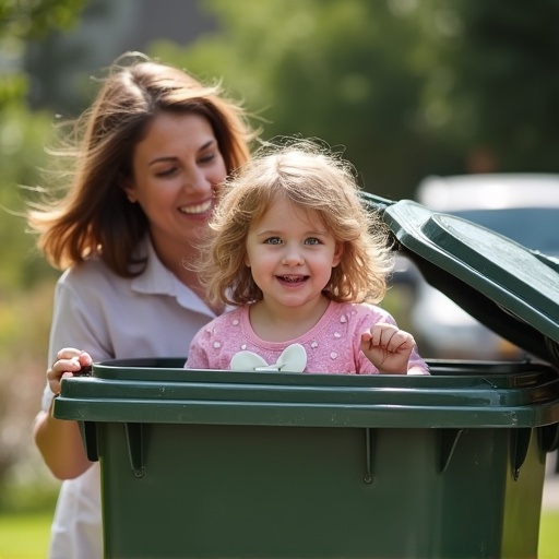 A mother places her child into a large trash container. The child happily holds an oversized pacifier. A scene captures a playful interaction between them. It is a bright sunny day.