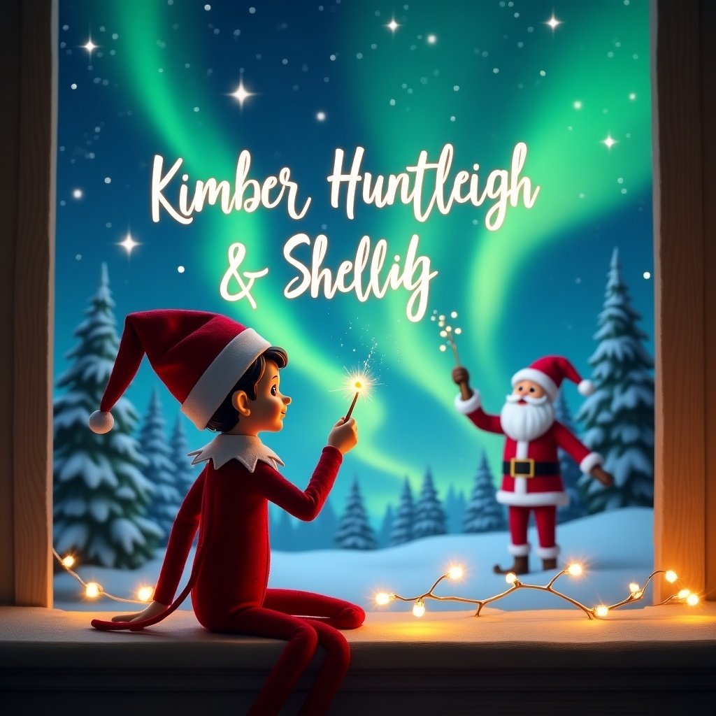 Elf on the shelf faces away from the viewer. The elf holds a magic wand. The elf writes in the sky. Background features a magical Christmas scene. The northern lights illuminate the night sky. Santa Claus appears in the scene. Names Kimber, Huntleigh, and Shelby are scripted in the sky elegantly.