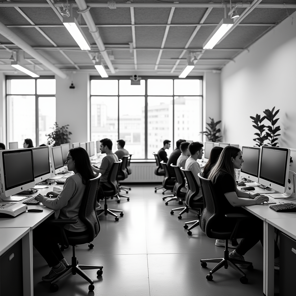 People sit in a row working on computers in a modern office.