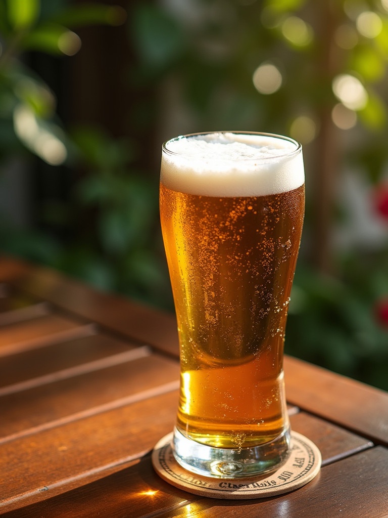 A tall glass of golden beer sits on a wooden table in a garden setting. The beer is frothy on top with bubbles showing carbonation. Soft sunlight filters through greenery in the background creating a warm atmosphere.