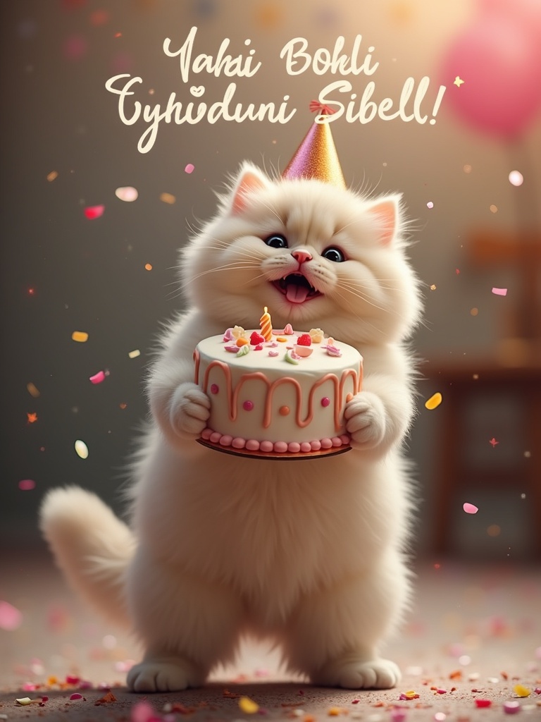 Adorable Scottish Fold cat standing on its hind legs. Cat holds beautifully decorated birthday cake with both paws. Cat has joyful expression and wears tiny party hat. Background is festive and soft with confetti and warm colors. Text displays 'İyiki Doğdun Sibel!' elegantly.