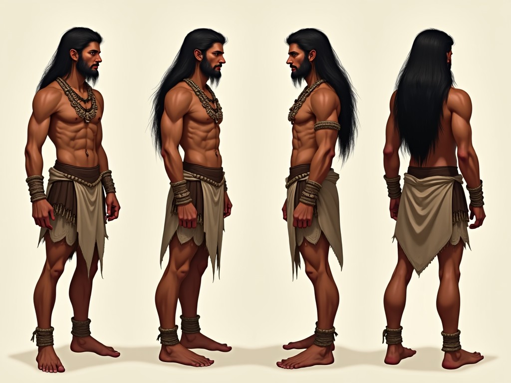 This image features a character design of an ancient warrior, presented in four angles including front, side, and back views. The young man has long hair that stops at the nape of his neck and displays a strong, muscular physique. He is clad in traditional tribal attire characterized by earthy tones and adorned with intricate jewelry. The character stands barefoot, highlighting his connection to nature and his cultural roots. The plain light background draws attention to the warrior's details and enhances the visual impact of the design.