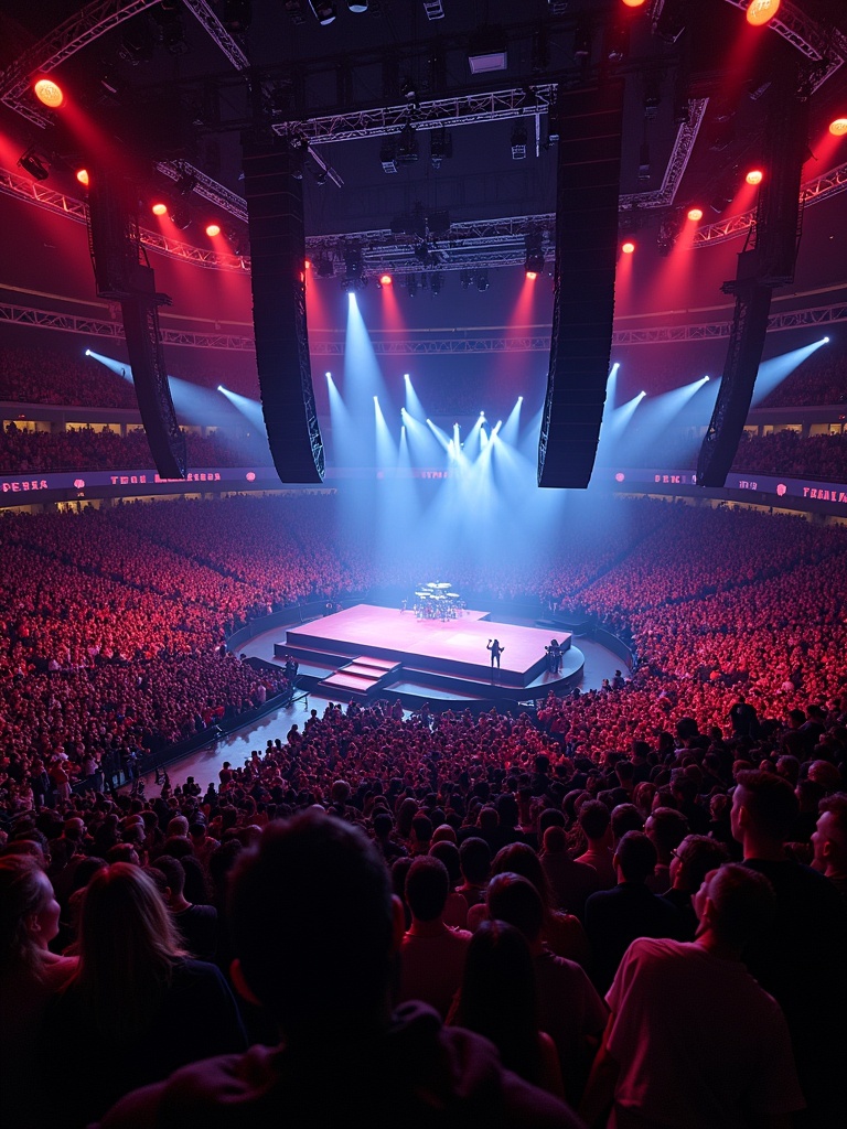 Large concert at Madison Square Garden. Crowded arena filled with fans. A T stage is prominently visible. The view is from above as if taken by a drone. Bright stage lights illuminate the setting.