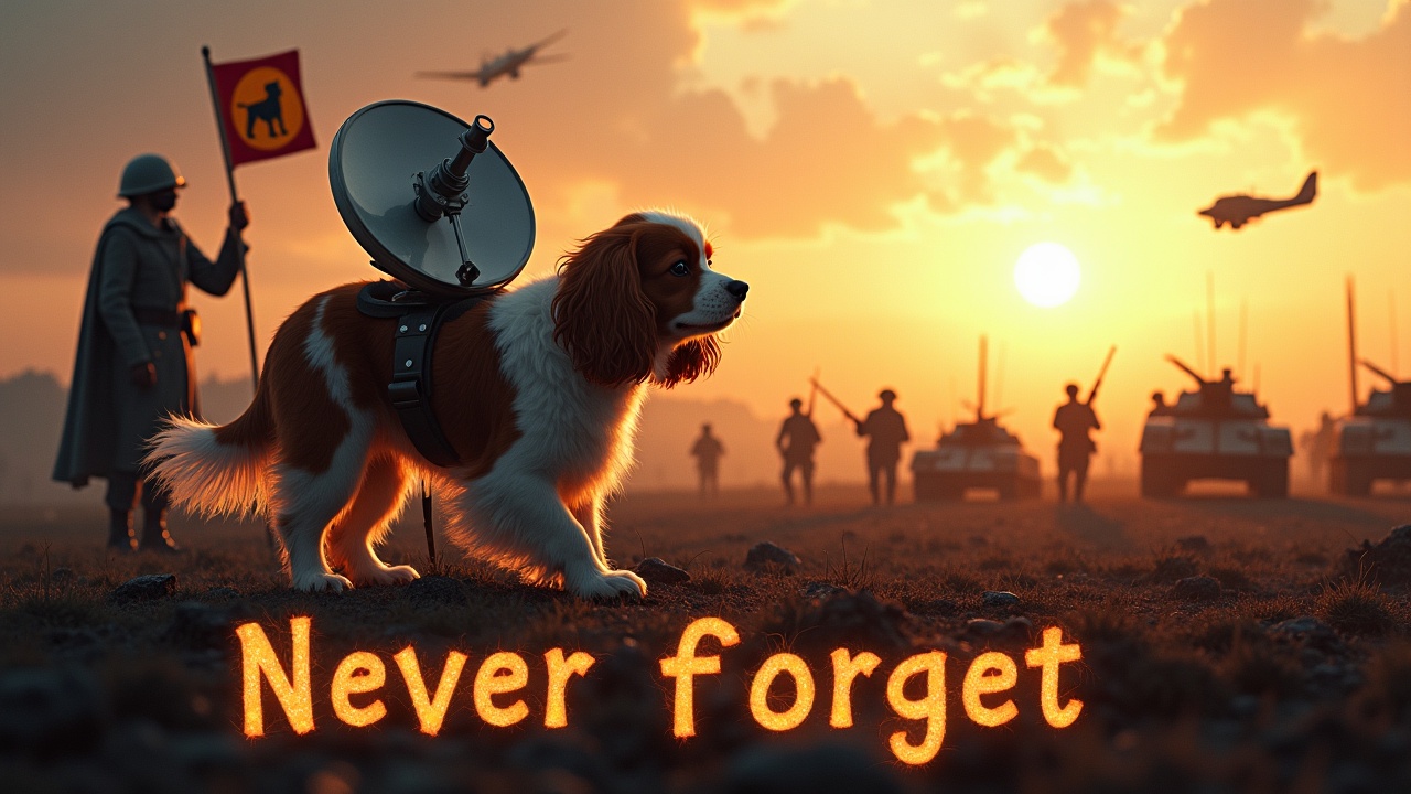 In a dramatic and awe-inspiring scene, a fluffy brown and white cavalier king charles spaniel walks across a dark, desolate battlefield. There is a radar dish strapped to its back. Nearby, a figure wearing a cloak stands valiantly holding a flag with a dog emblem. In the background are a multitude of small soldiers holding rifles as well as tanks, barely visible among the shadows. The sky is lit by the bright radiance of the sun. A jet fighter passes overhead. At the bottom, we see the text 'Never forget' boldly displayed, in fiery writing.