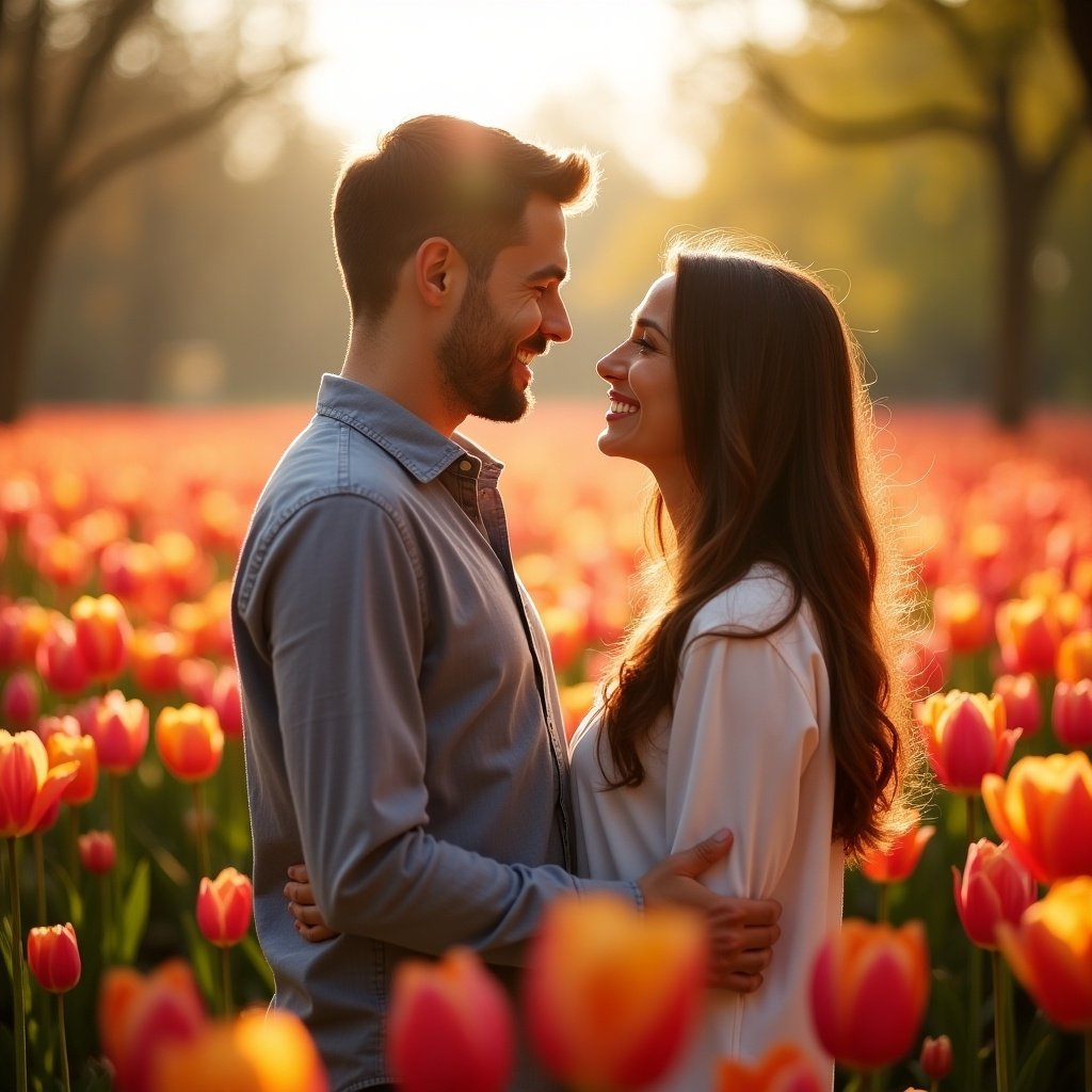 A loving couple stands closely together in a colorful tulip field. They are illuminated by warm sunlight. The background is filled with vibrant flowers. The scene captures the essence of love during spring.