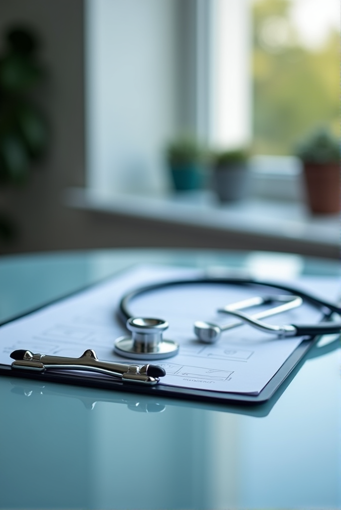 A stethoscope rests atop a clipboard with papers, set on a reflective glass table with a softly blurred window and plants in the background, conveying a serene medical office atmosphere.