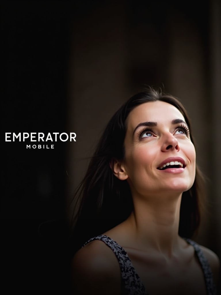 A woman gazes upwards with curiosity. Natural soft lighting highlights her features. Dark blurred background enhances focus on the subject. 'Emperator Mobile' displayed prominently suggesting luxury mobile brand.