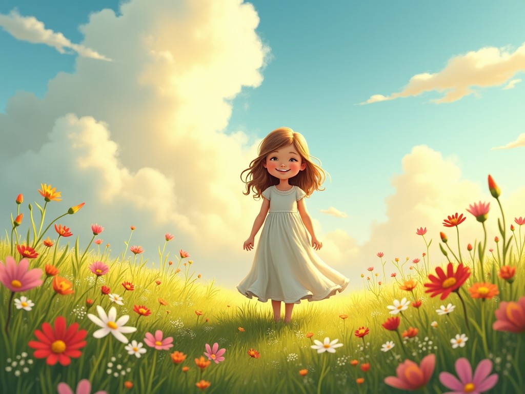 A joyful young girl in a white dress playing in a colorful wildflower meadow under a bright blue sky.