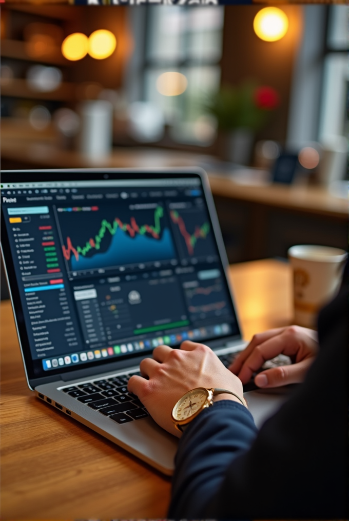 A person using a laptop with financial charts on the screen in a cozy, warmly lit room.