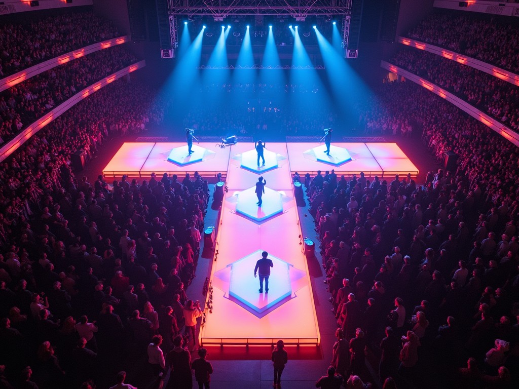 The image captures a mesmerizing concert featuring Travis Scott at Madison Square Garden. Viewed from a drone perspective, the stage design features a T-shape runway illuminated in vibrant colors. The audience is packed, showcasing the energy of a live music event. Bright stage lights enhance the excitement, creating a visually stunning atmosphere. This aerial shot highlights both the performers and the enthusiastic crowd, making it a delightful representation of a modern concert experience.