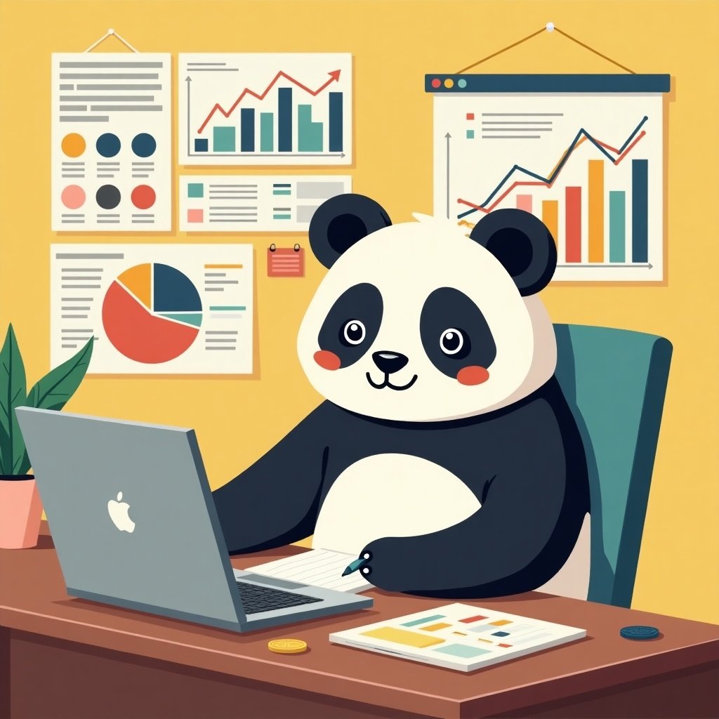 A cute panda character studying data at a desk. The panda uses a laptop surrounded by business charts and graphs. The setting has bright colors. The panda looks engaging and focused on work.