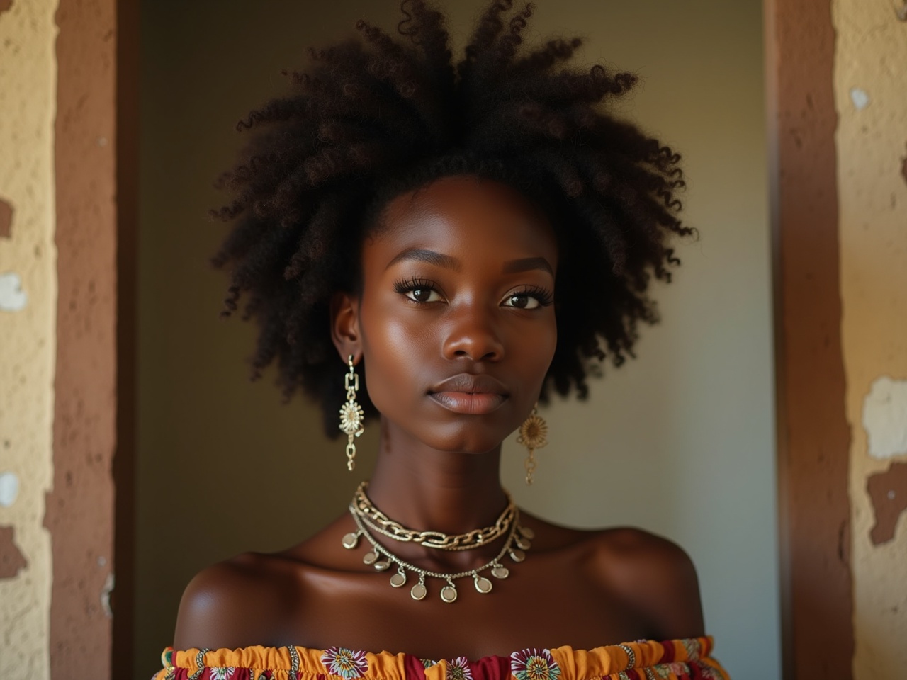 The image captures a striking portrait of a young Black African woman with a stunning natural hairstyle. She is wearing colorful traditional attire adorned with intricate patterns. Around her neck, she has layered necklaces, and her ears are embellished with ornate earrings, showcasing the beauty of African jewelry craftsmanship. The setting has a soft, natural background that complements her features while highlighting her confident expression. The play of natural light enhances the warm tones of her skin and the vibrancy of her outfit, reflecting cultural richness and beauty.