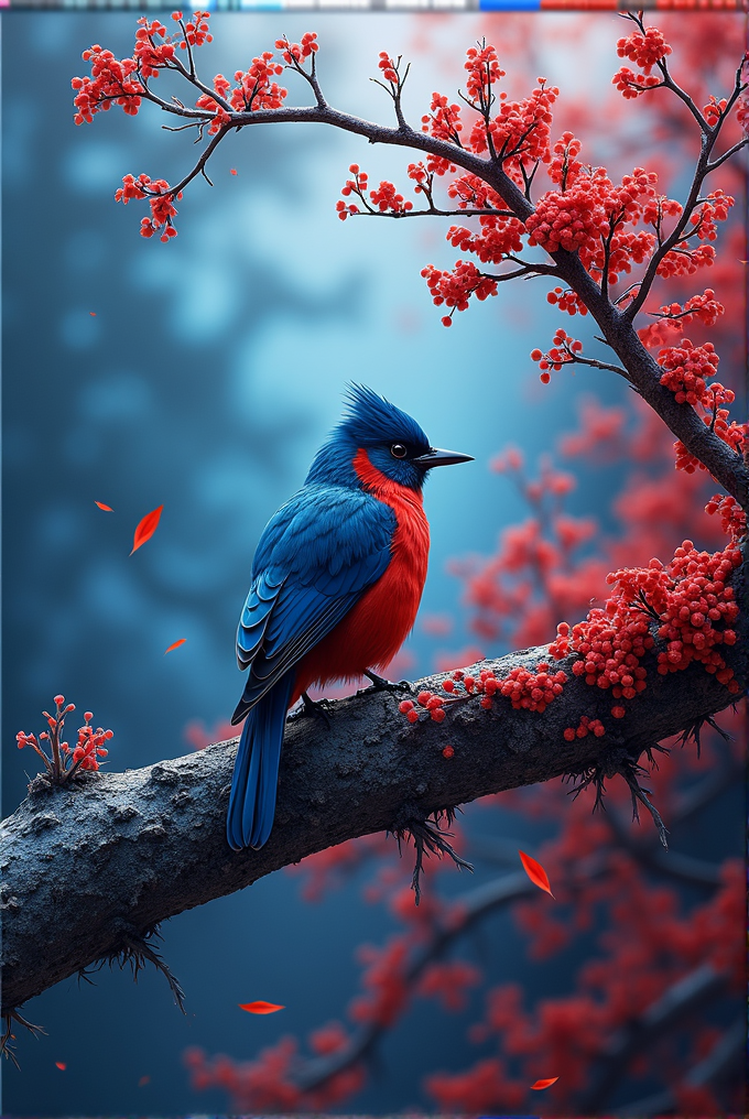 A colorful bird sits on a branch with vivid red berries against a tranquil blue background.