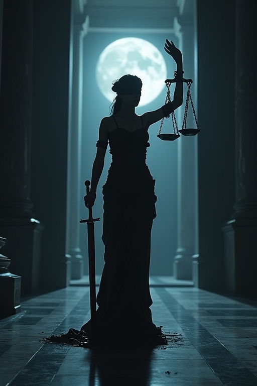 Lady Justice depicted in silhouette. Holding scales and sword in a grand courthouse. Moonlight pouring through tall windows. Dark silhouettes of representatives surrounding her. A dramatic atmosphere with shadows and tension.