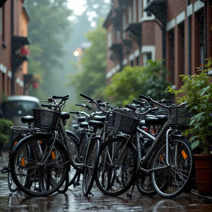 Several bicycles are parked in an alley during a rainfall with wet ground and a soft, blurred background.