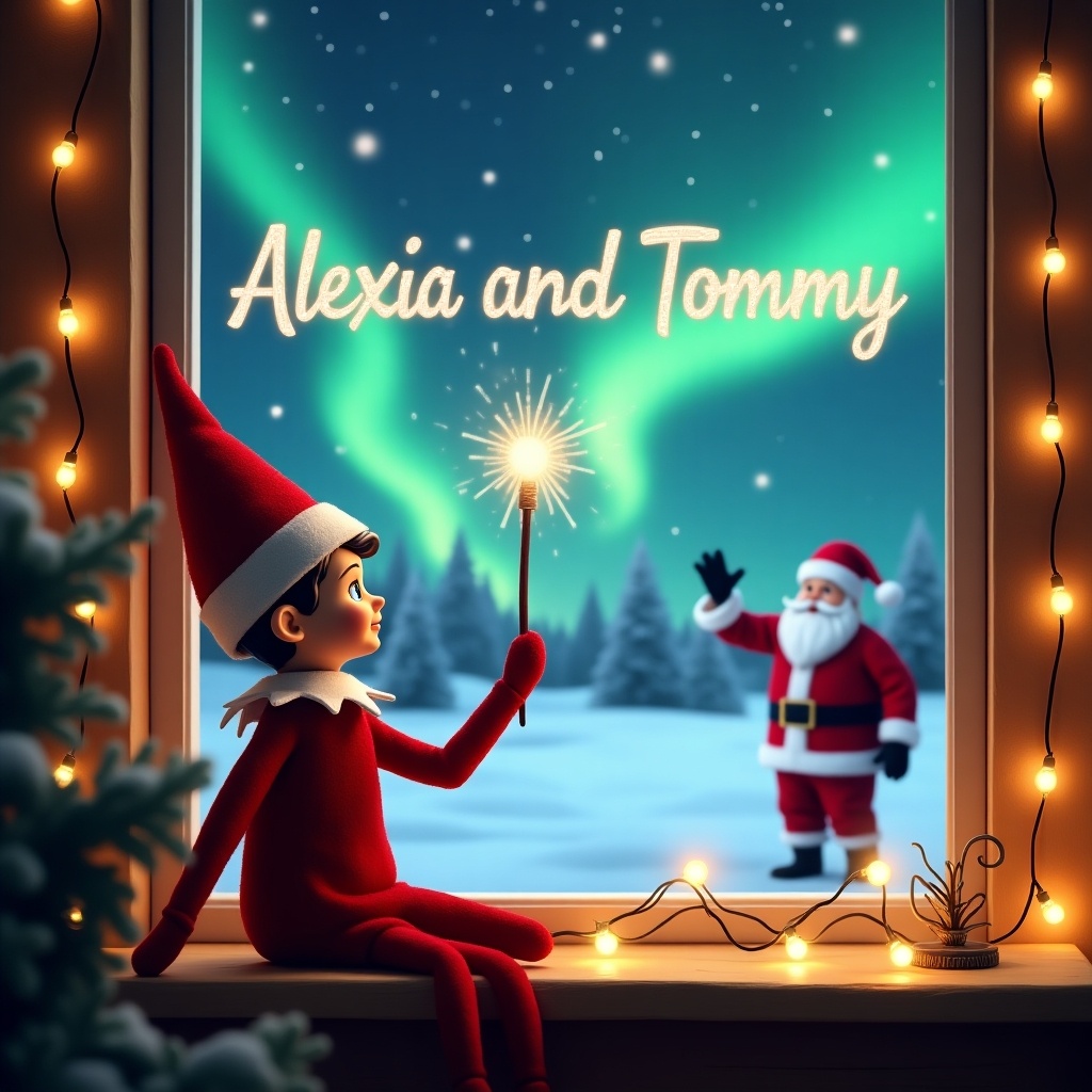 The image depicts a cozy and magical Christmas scene. An elf is sitting by a window, wearing a traditional red suit and hat. With a magical wand, the elf writes 'Alexia and Tommy' in the night sky. Outside, there’s a beautiful winter landscape with snow and vibrant northern lights. Santa Claus is waving cheerfully in the background. The warm glow from string lights enhances the festive charm of the setting, capturing the wonder of the holiday season.