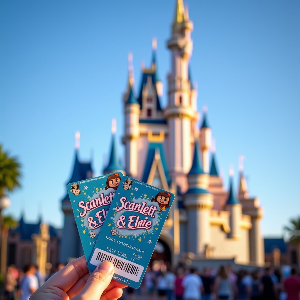 Disney World theme park tickets with names Scarlett and Ellie. Castle in the background. Early evening. Family-friendly atmosphere.