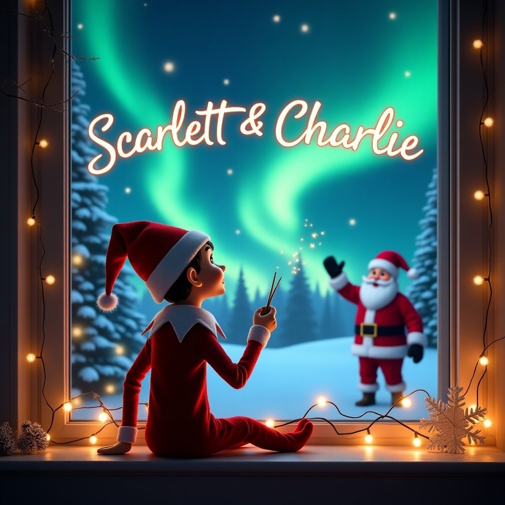 Elf sits on window sill gazing at a magical night sky. Uses a wand to write Scarlett and Charlie in the sky. Christmas landscape with northern lights. Santa Claus waves in the distance. Cozy festive decorations fill the scene.