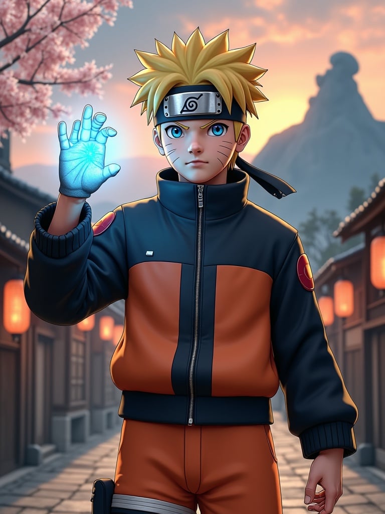 Young man wearing realistic Naruto outfit. Thick blonde hair styled wind-blown. Smooth skin with freckles and scars. Cerulean blue eyes filled with determination. Detailed functional jacket with wear. Polished headband showing scratches. Utility belt with accessories. Athletic body in confident pose. Right hand raised with glowing blue energy sphere. Background features village at dusk with Hokage mountain. Cherry blossoms and paper lanterns enhance the scene.