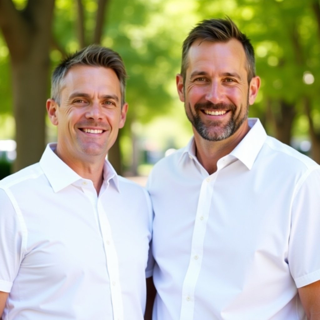 Two men wearing white shirts standing outdoors. Trees in background. Casual and friendly atmosphere.