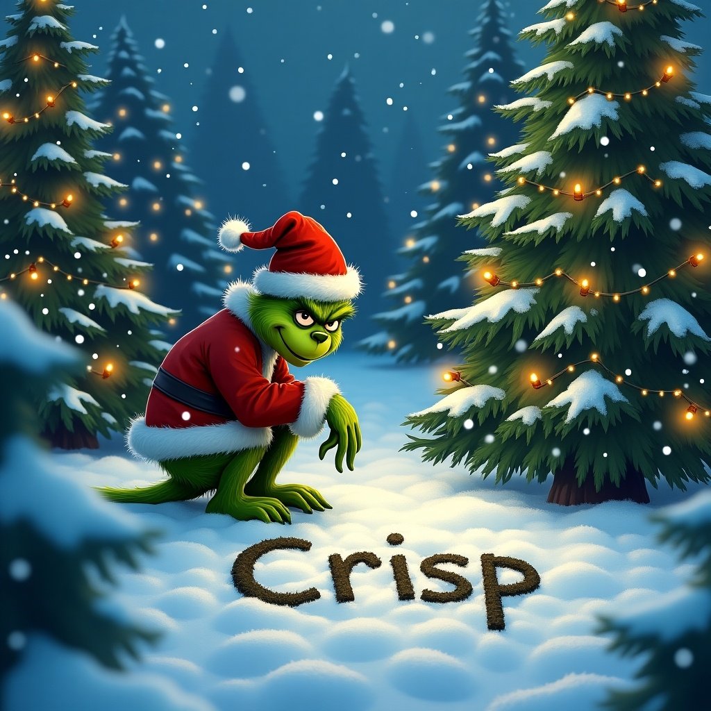 The Grinch is outside in snow. Christmas trees are around. The Grinch writes Crisp in the snow.