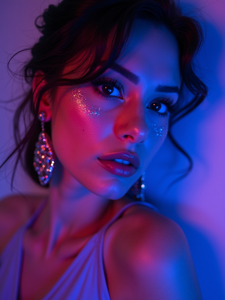 Close-up portrait illuminated by vibrant neon lights. Colors include shades of blue pink and purple. The subject wears elaborate earrings. Makeup is bold with glitter. Background softly out of focus.