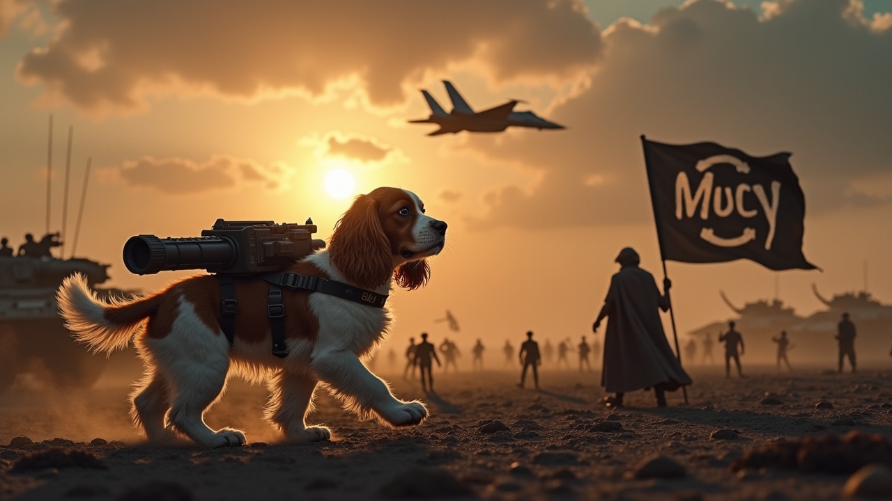 In a gloomy and dark setting, a fluffy brown and white cavalier king charles spaniel walks across a desolate battlefield. There is a plasma cannon strapped to its back. Nearby, a figure wearing a cloak stands valiantly holding a flag with a dog emblem. In the background are a multitude of small soldiers and tanks, barely visible among the shadows. The sky is lit by the bright radiance of the sun. A jet fighter passes overhead. We see the text 'Mucy' boldly displayed, in fiery writing.