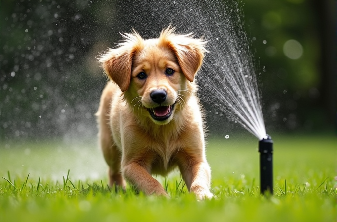 A playful puppy runs towards a water sprinkler.