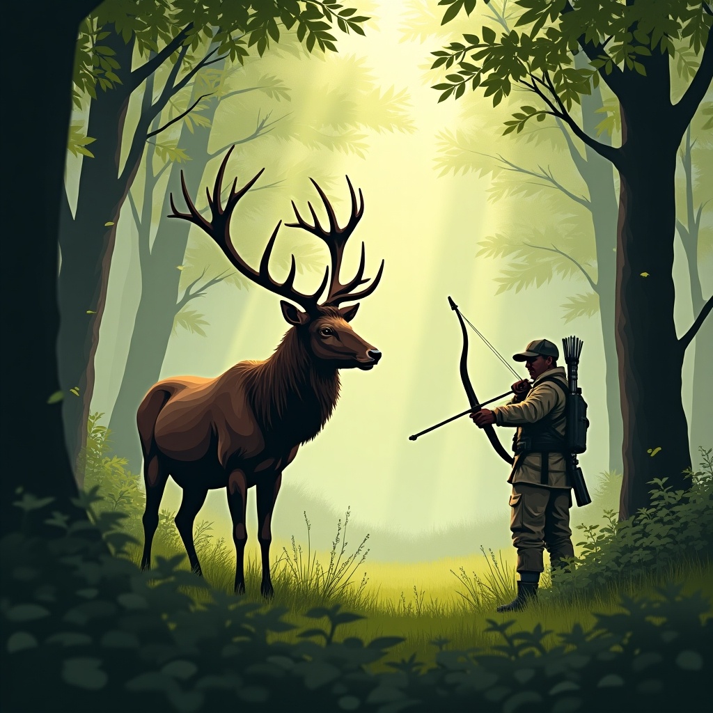 A serene forest scene featuring a deer and a hunter with a bow. Sunlight breaks through the trees, creating a warm atmosphere. The hunter is poised, silently observing while standing amidst tall grass and foliage. Tree trunks frame the image, enhancing the natural setting.