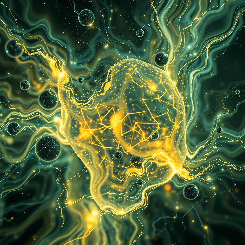 A radiant, swirling nebula in greens and golds, filled with glowing orbs and intricate light patterns.