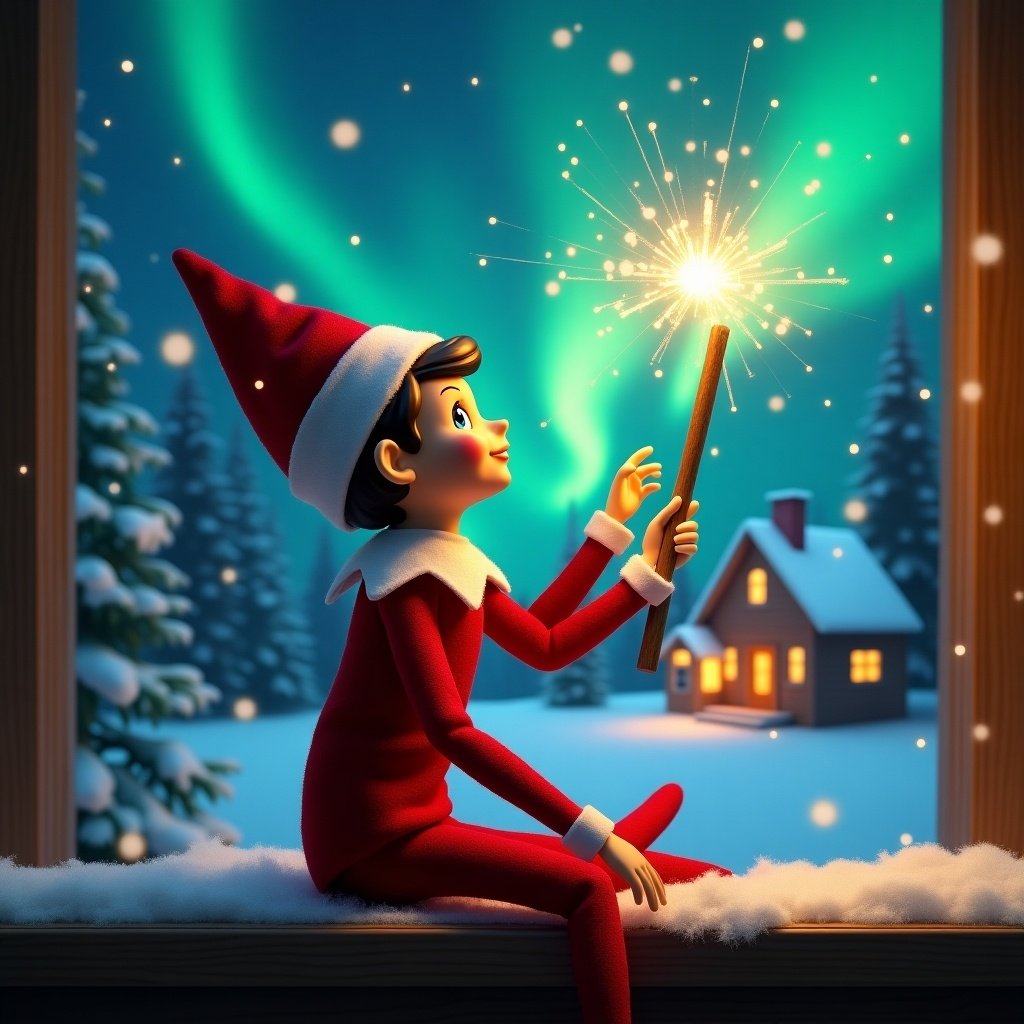 Elf on the shelf sits with back to viewer. Elf gazes skyward. Holding glowing wand. Christmas scene with colorful northern lights. Cozy house in distance. Snow on the ground. Elf embodies magic and wonder of Christmas. Name 'Kitty, Maggie and Tommy' appears from wand.