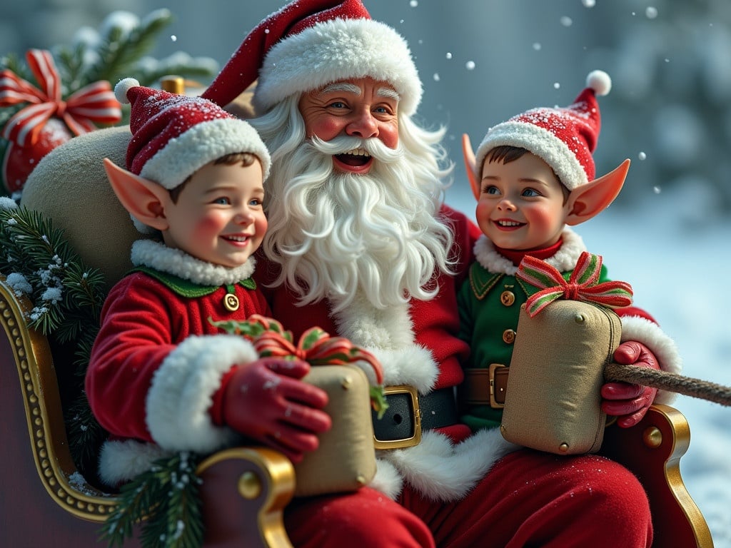 Photo realistic Santa Claus and two elves in a sleigh. Santa has a joyful expression. Elves hold a bag filled with presents. Snow falls gently around them.