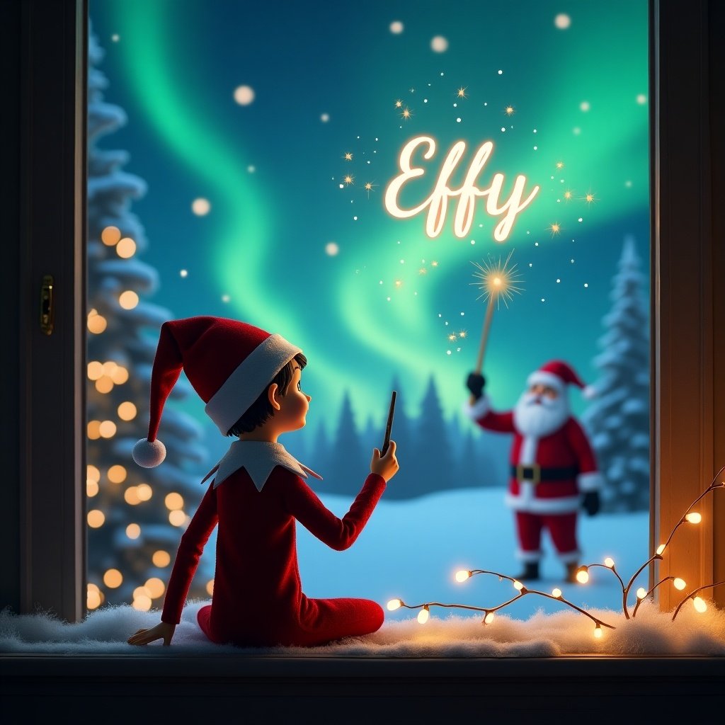 Elf on the shelf faces magical sky using wand to write Effy. Background features northern lights and Santa Claus. Cozy Christmas atmosphere.