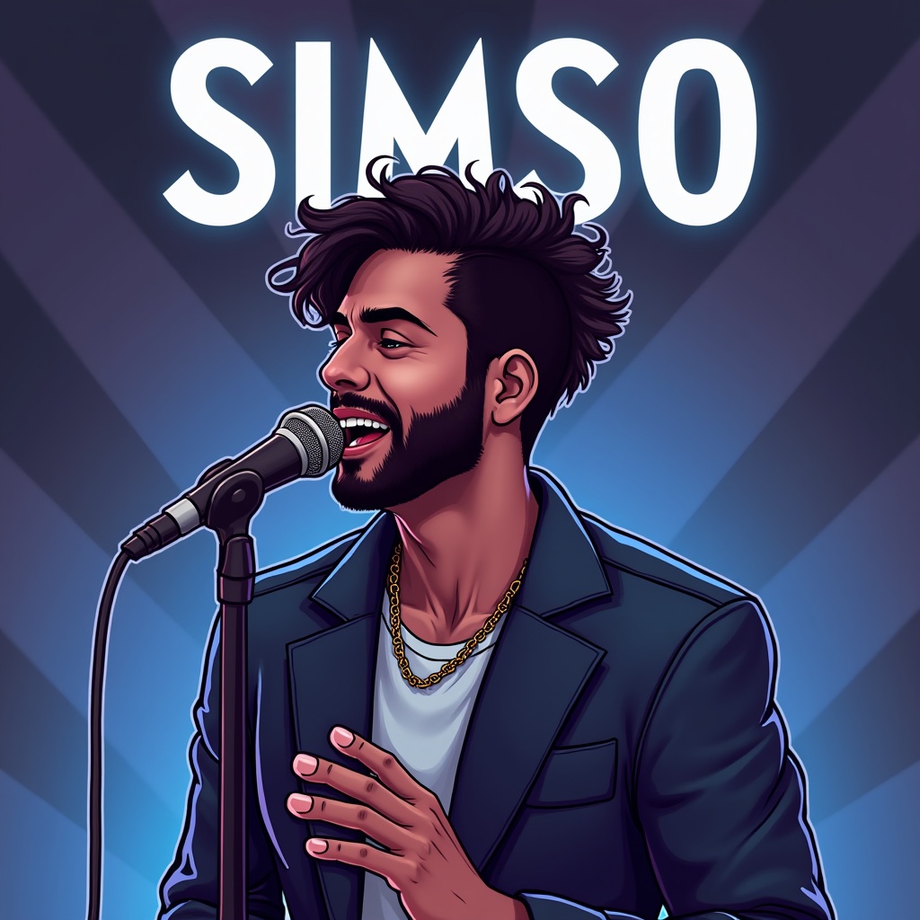 An illustration of a singer with a modern hairstyle, wearing a dark suit and gold chain, holding a microphone with the word 'SIMSO' in the background.