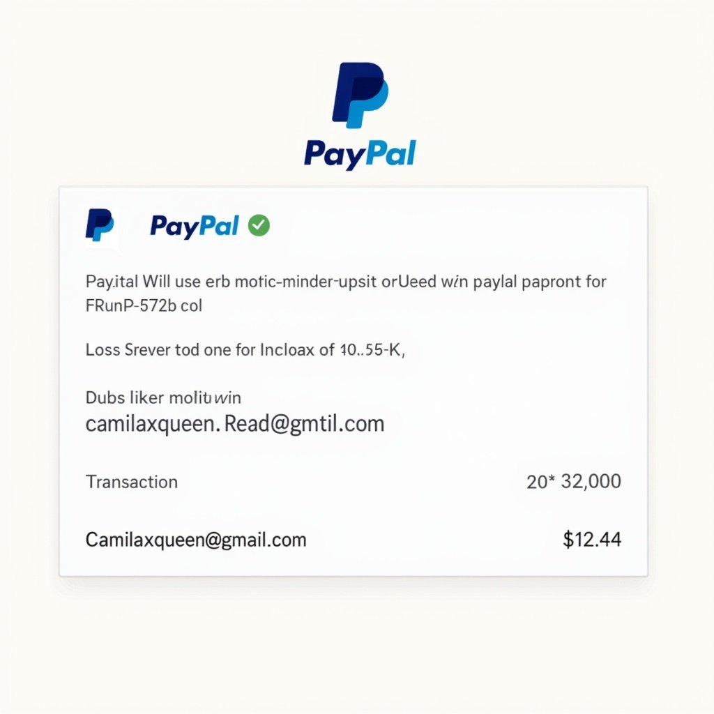 Illustration of a PayPal payment proof. Transaction amount is 14 dollars. Payment made to camilaxqueen@gmail.com. Features PayPal logo and transaction details.