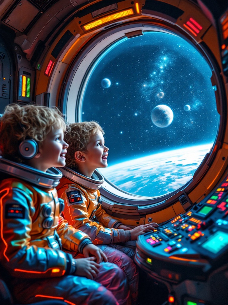 Inside a retro-futuristic rocket cockpit. Two excited four-year-old astronauts gaze out a large window. High-tech space suits with the word 'Quest' in purple. Cockpit glows with colorful buttons and lights. Scene filled with planets and stars.