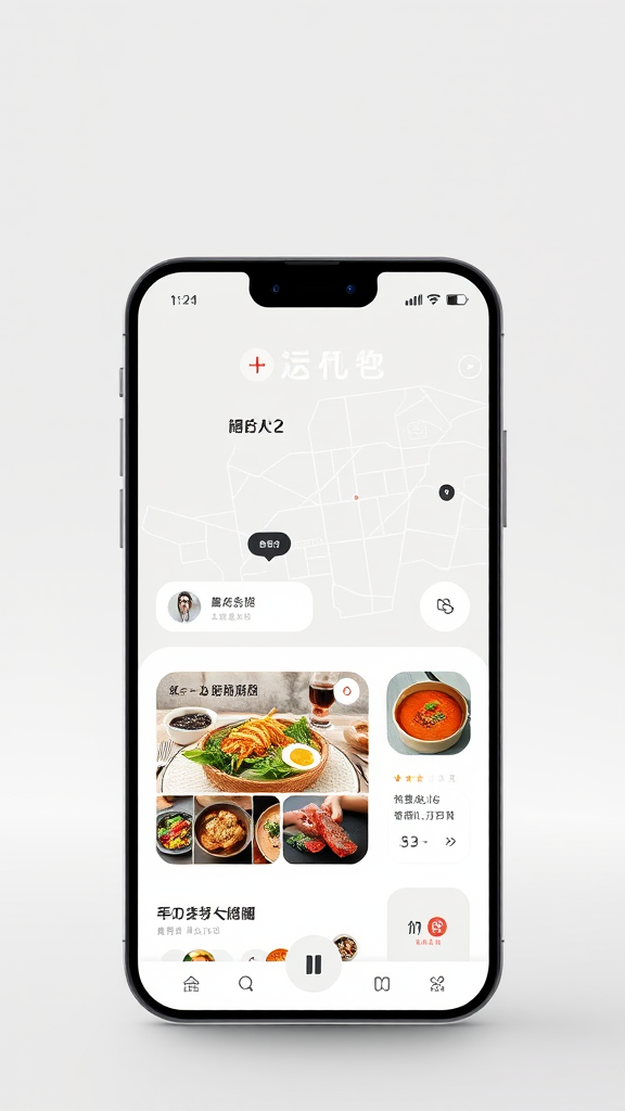 The image shows a smartphone displaying a food app with various cuisine options and user interface elements.