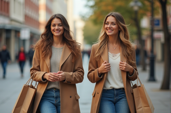 Two smiling women in brown coats and jeans carry shopping bags while walking down a city street.