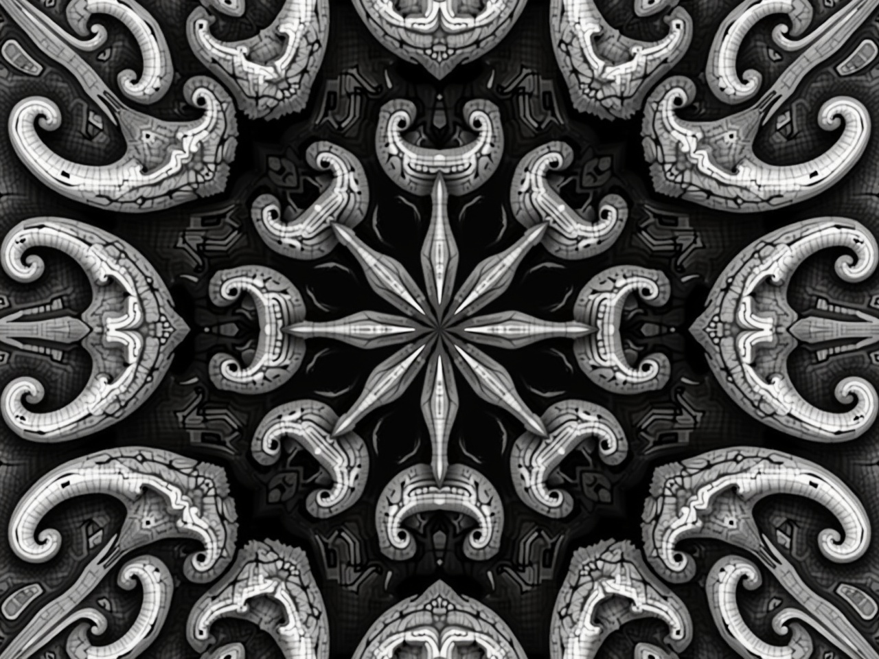 This digital artwork features a captivating symmetrical geometric pattern created in black and white. The design incorporates various shades of gray to add depth and texture, giving the illusion of three-dimensional forms. Central to the pattern are elements inspired by mushrooms, carefully arranged to create a harmonious look. The intricate detailing invites viewers to examine the craftsmanship involved in the creation of the design. Ideal for various applications, this artwork exemplifies modern aesthetics and artistic flair.