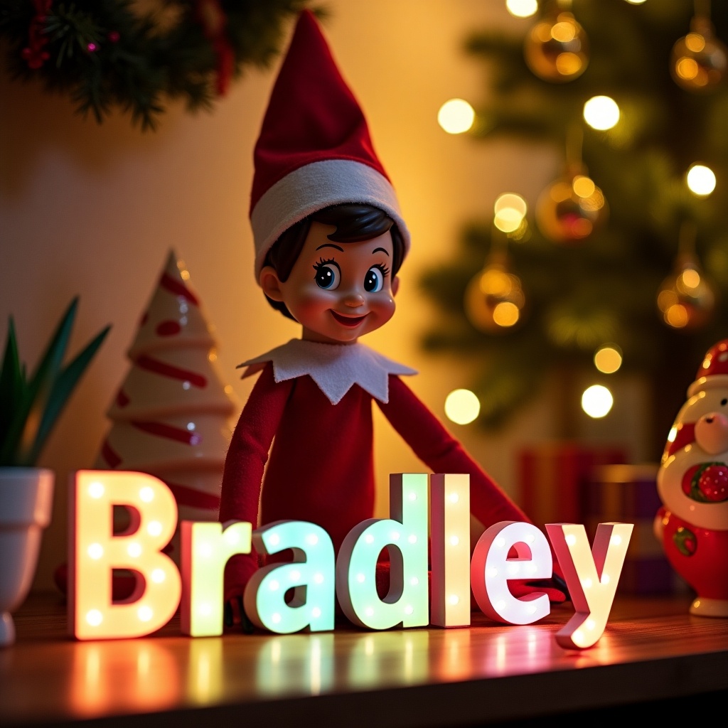 In a vibrant Christmas scene, a cheerful elf on the shelf is joyfully writing the name 'Bradley' in colorful, lit-up letters. Dressed in a classic red and white outfit, the elf embodies the spirit of the season. Surrounding the elf are festive decorations, including a Christmas tree adorned with ornaments and twinkling lights. The warm atmosphere evokes feelings of holiday cheer, making the scene enchanting. This delightful setting captures the essence of Christmas magic, perfect for family celebrations and personalized gifts.