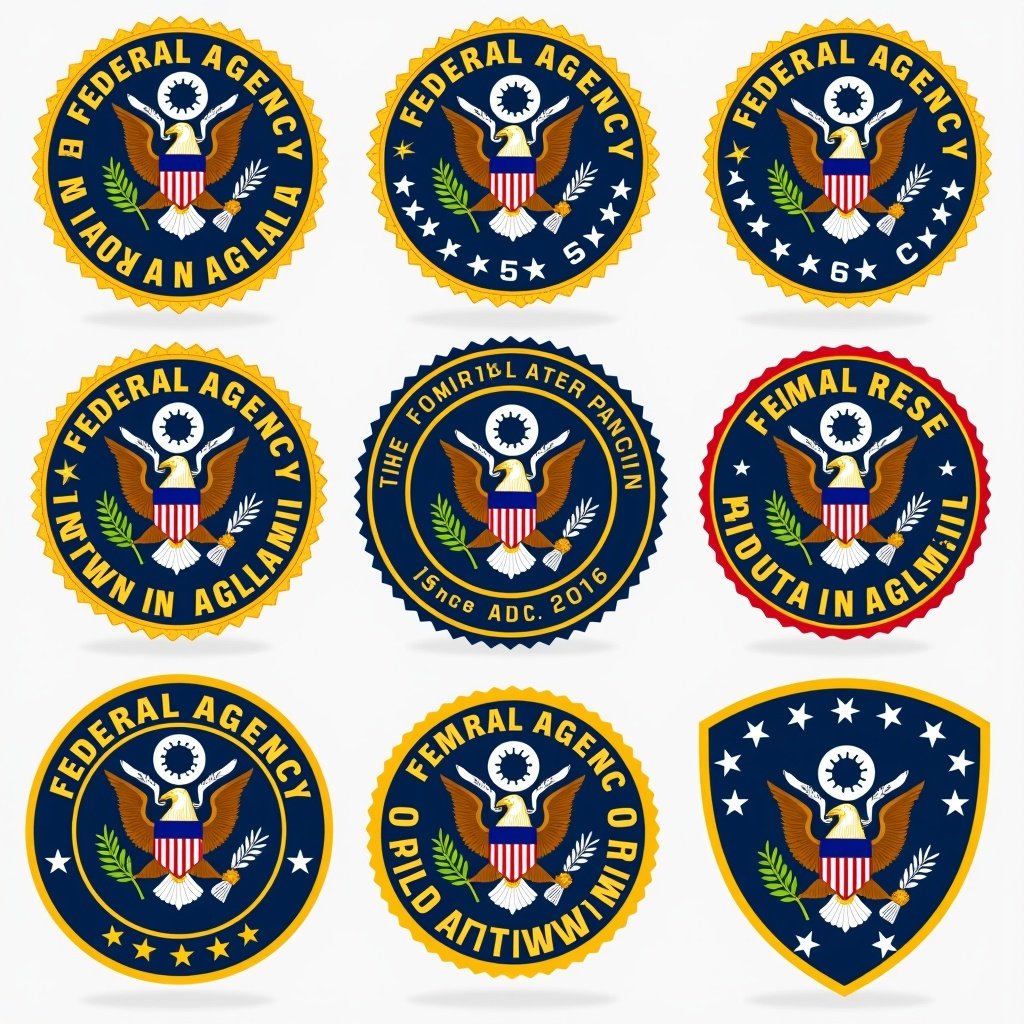 Collection of federal agency badges. Features eagles, shields, and stars. Various designs represent different agencies. Badges convey authority and patriotism. Colorful and symbolic. Designed for official use.