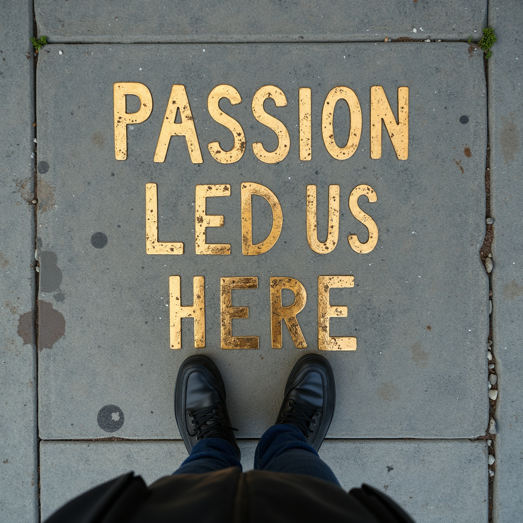 A pair of shoes stand on a sidewalk with the words 'PASSION LED US HERE' written in gold letters.