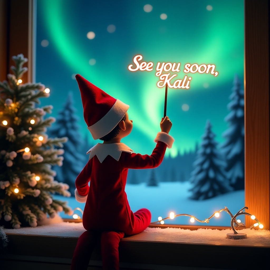 An elf on the shelf faces the sky with a glowing wand. The elf wears red and white. The background features vibrant northern lights. The scene captures the joy of Christmas. The atmosphere is festive and magical.