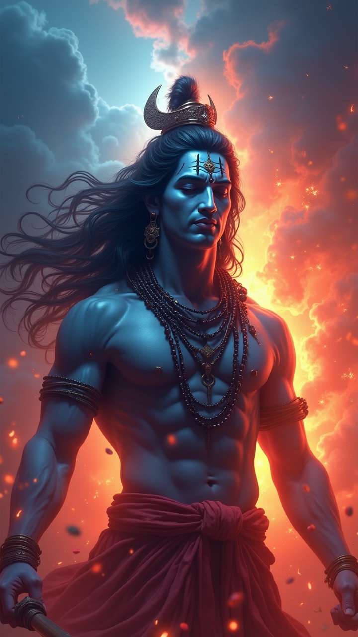 Create a digital painting of Lord Shiva, the Hindu god of destruction and transformation, illustrating his powerful essence. He should have long flowing hair and a crescent moon on his head while exuding a calm and meditative expression. The background must be dynamic, with vibrant red and blue tones, surrounded by fire, clouds, and swirling smoke. The lighting should enhance his divine power, particularly emphasizing his muscular form adorned with beads and his iconic trident. This image should capture the transcendental nature of Shiva in a visually arresting manner.