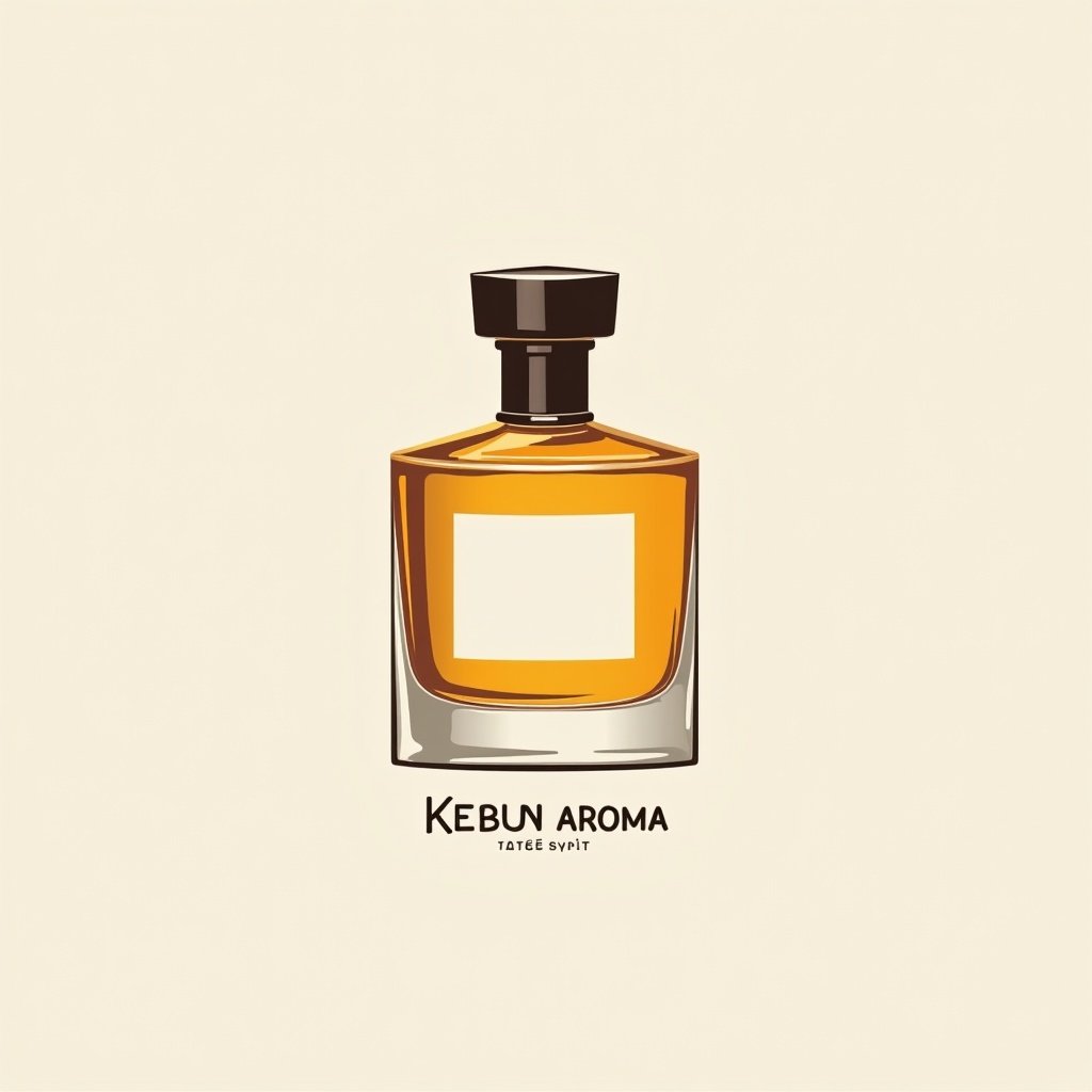 Illustration of a perfume bottle. Includes logo design featuring the name Kebun Aroma. Focus on amber colored liquid. Simple background to emphasize the bottle.