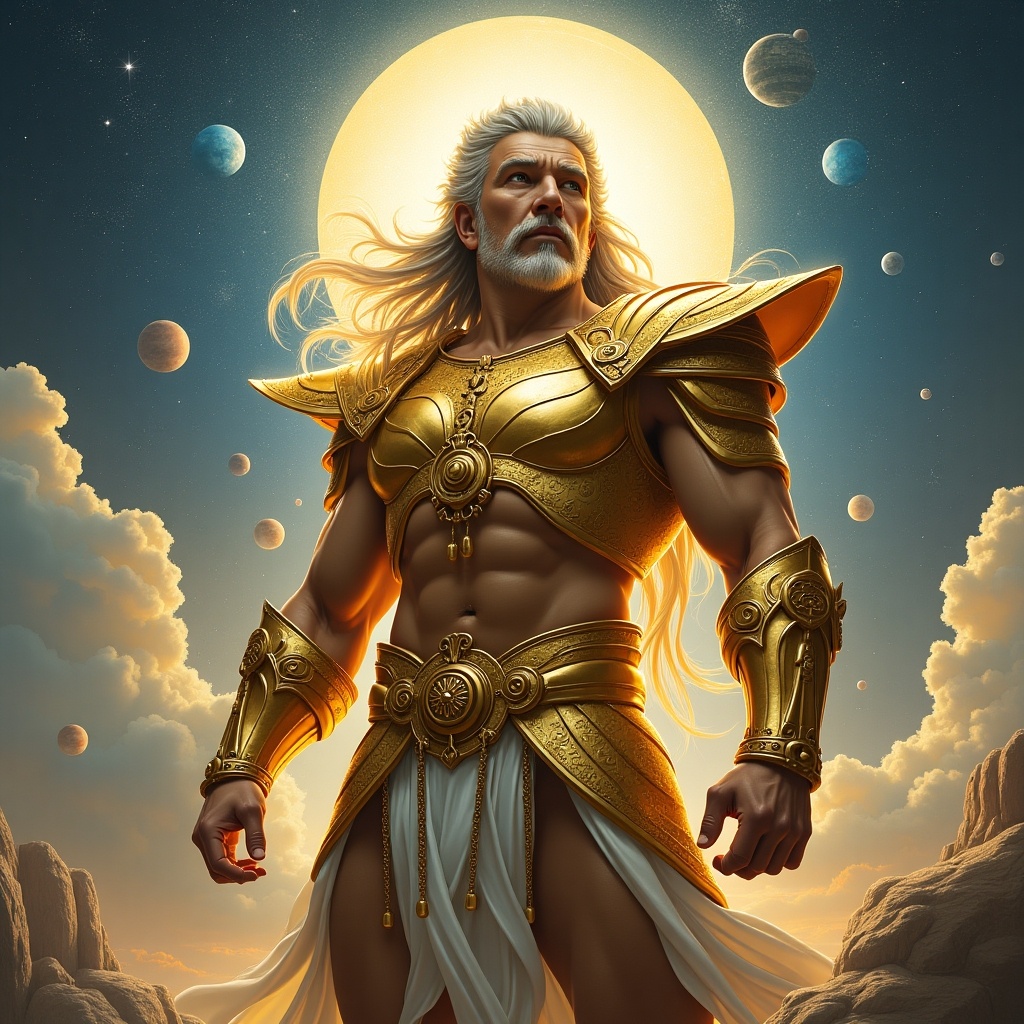 This image depicts a strong and regal character, known as Hyoga, clad in stunning golden armor representing the astrological sign of Gemini. The character stands heroically, showcasing his muscular physique against a celestial backdrop filled with planets and mystical clouds. A brilliant halo of light frames him, emphasizing his divine nature. The armor is intricately designed, reflecting strength and nobility, while the flowing white drapery adds elegance. This artwork captures a blend of fantasy and mythology, making it suitable for various artistic and commercial applications.