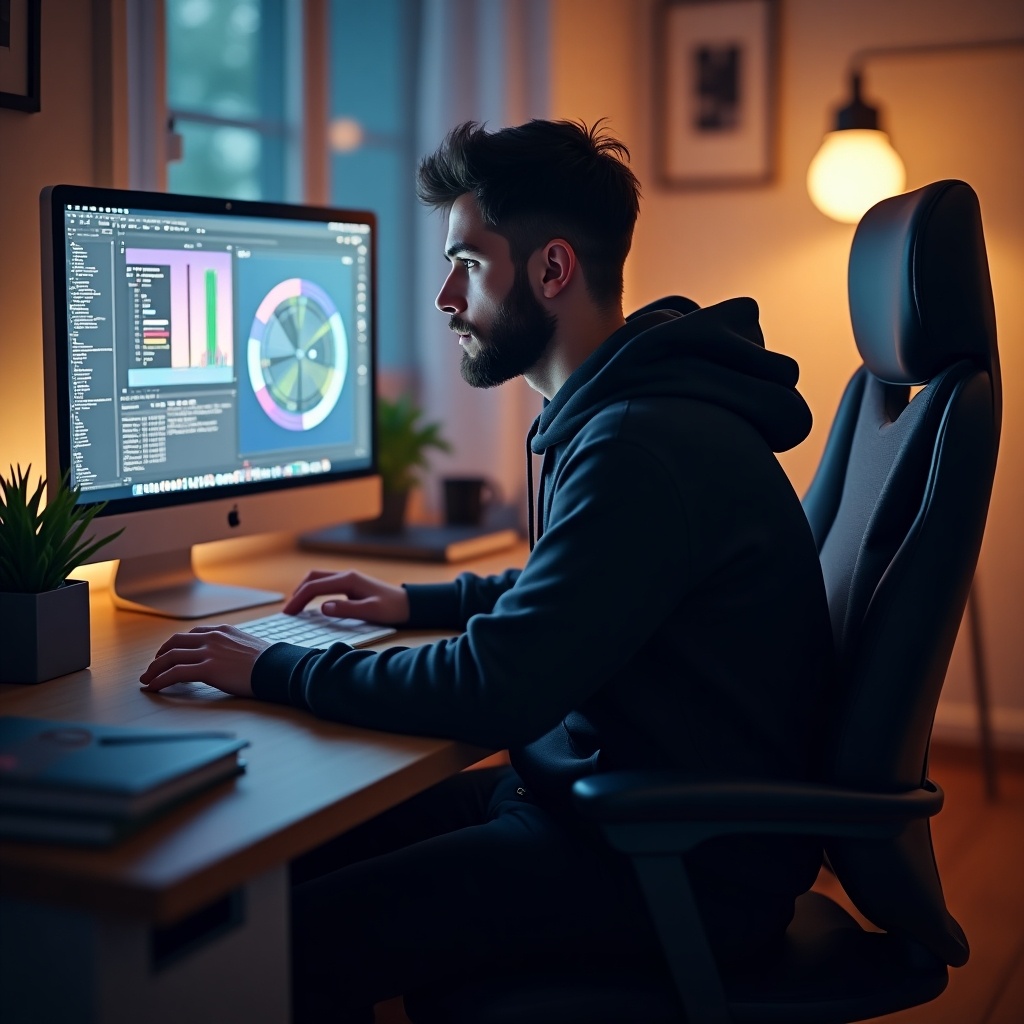 A man sitting at a desk using a computer with a monitor. The scene is featured on Pexels and shows a tech-oriented workspace. The man wears a black hoodie. The view is from a low angle with a focus on the screen. The setting has dim lighting with a warm tone.