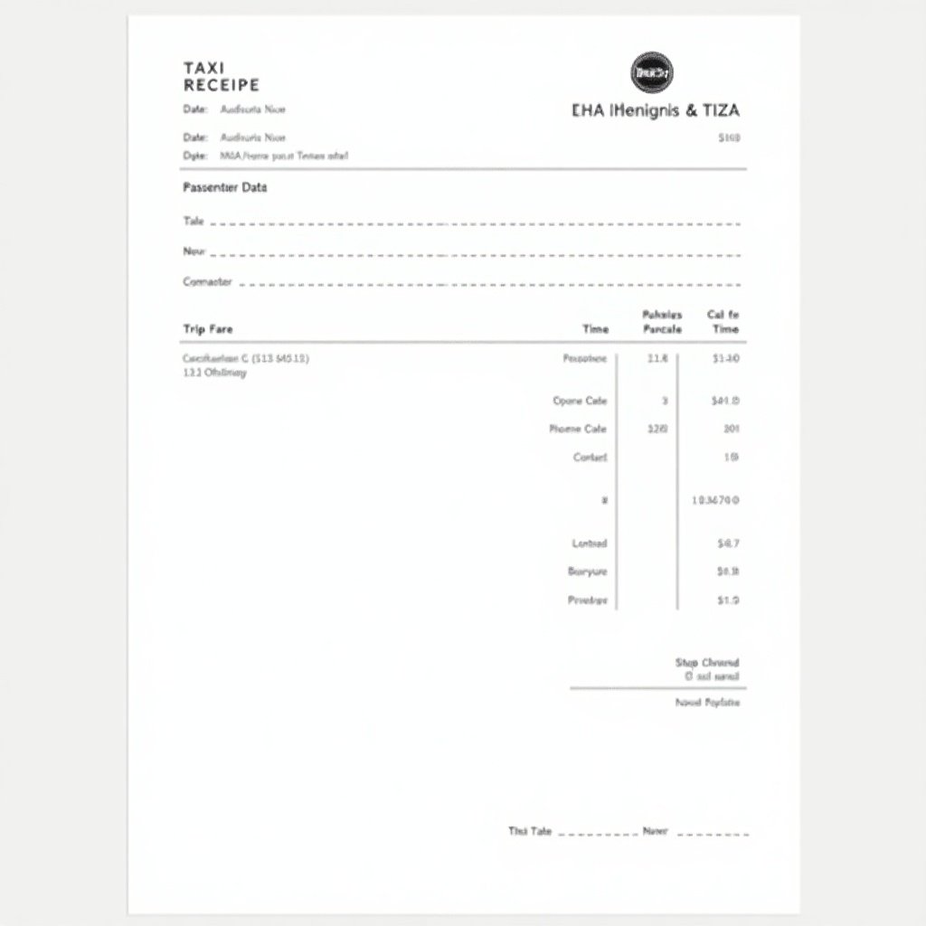 Blank receipt template for taxi rides. Contains fields for passenger data and trip details. Suitable for personal finance management and travel documentation.