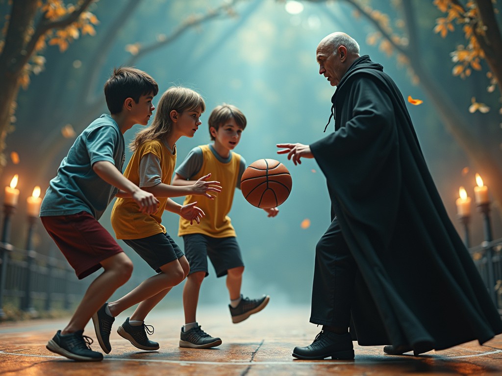 An intriguing image depicts a basketball game in an enchanted forest setting. A group of children, wearing sporty attire, engage playfully with a mysterious figure dressed in a dark cloak, reminiscent of a wizard. The scene is illuminated by ambient lights resembling magical orbs in the backdrop of tall, arching trees.